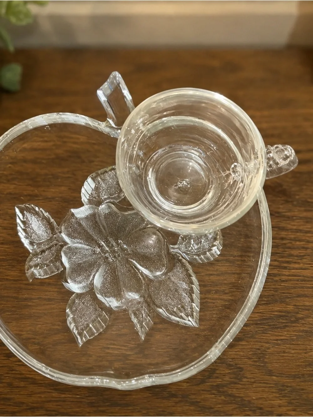 Vintage Hazel Atlas Wild Rose Clear Glass Snack Set Cup & Apple Plate 2 Pc